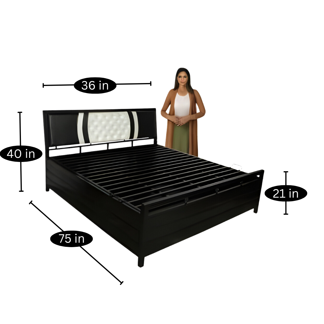 Heath Hydraulic Storage Metal Bed with Multi Cushion Headrest (Color - Black)
