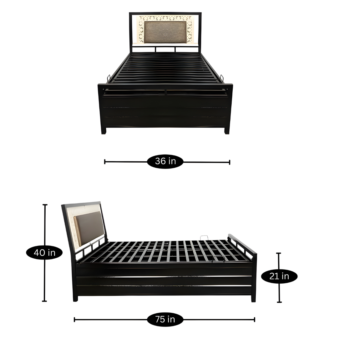 Kane Hydraulic Storage Metal Bed with Brown Cushion Headrest (Color - Black)