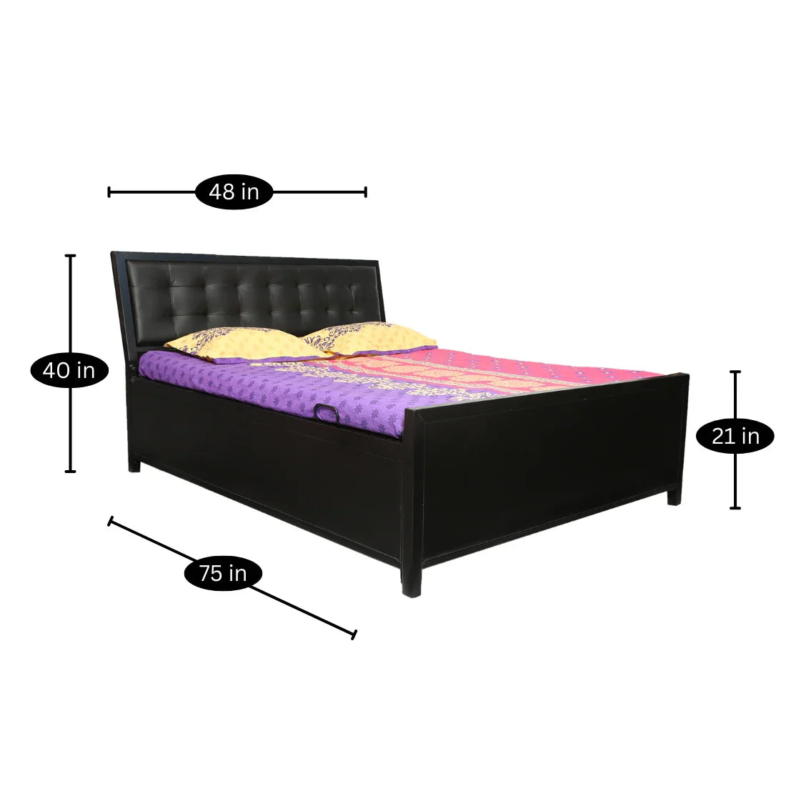 Henry Hydraulic Storage Metal Bed with Black Cushion Headrest (Color - Black)