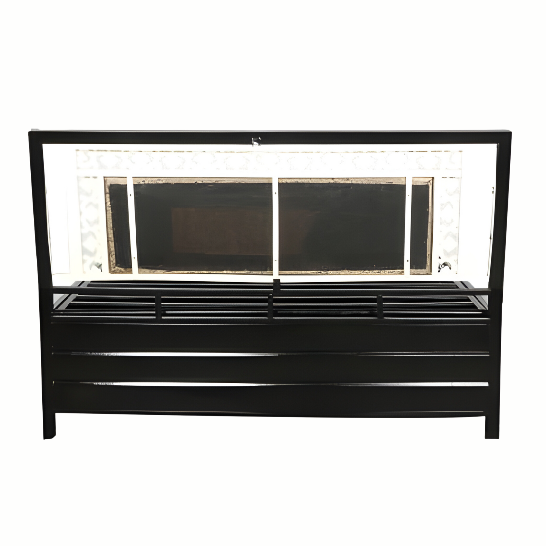 Kane Hydraulic Storage Metal Bed with Brown Cushion Headrest (Color - Black)