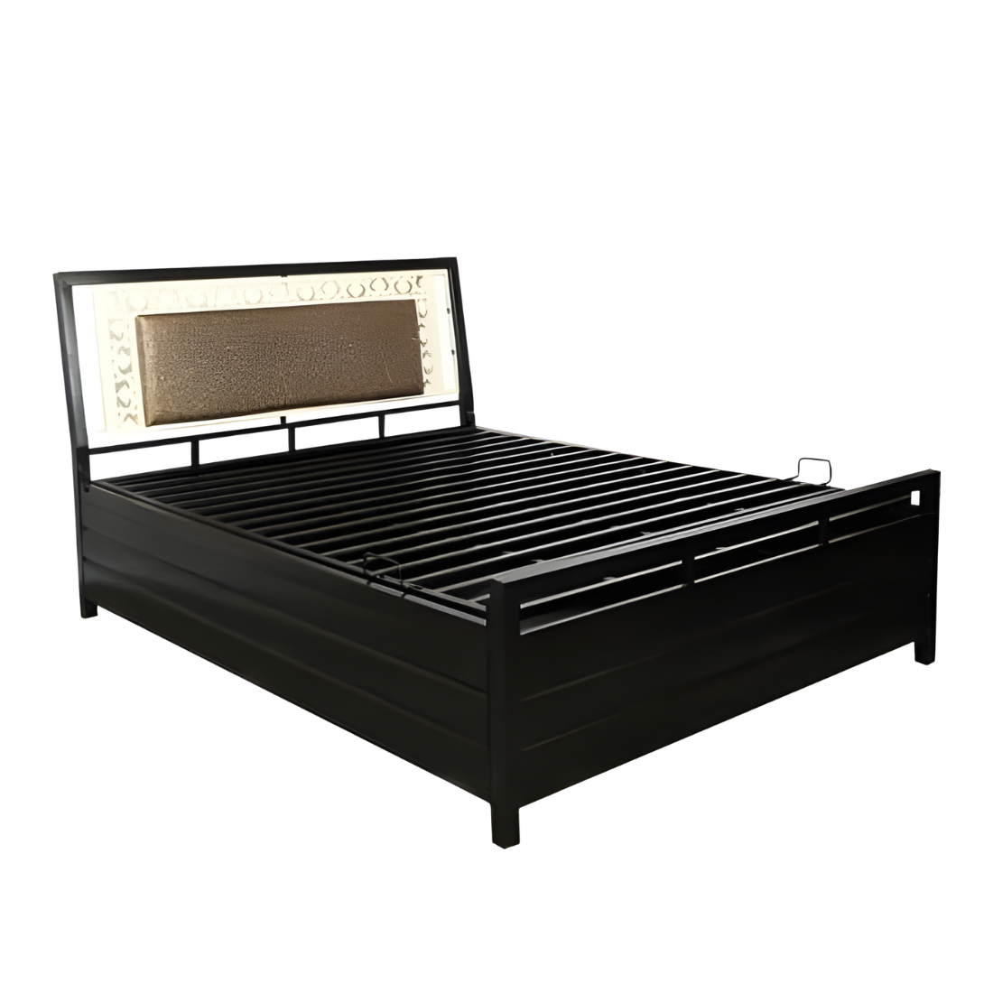 Kane Hydraulic Storage Metal Bed with Brown Cushion Headrest (Color - Black)