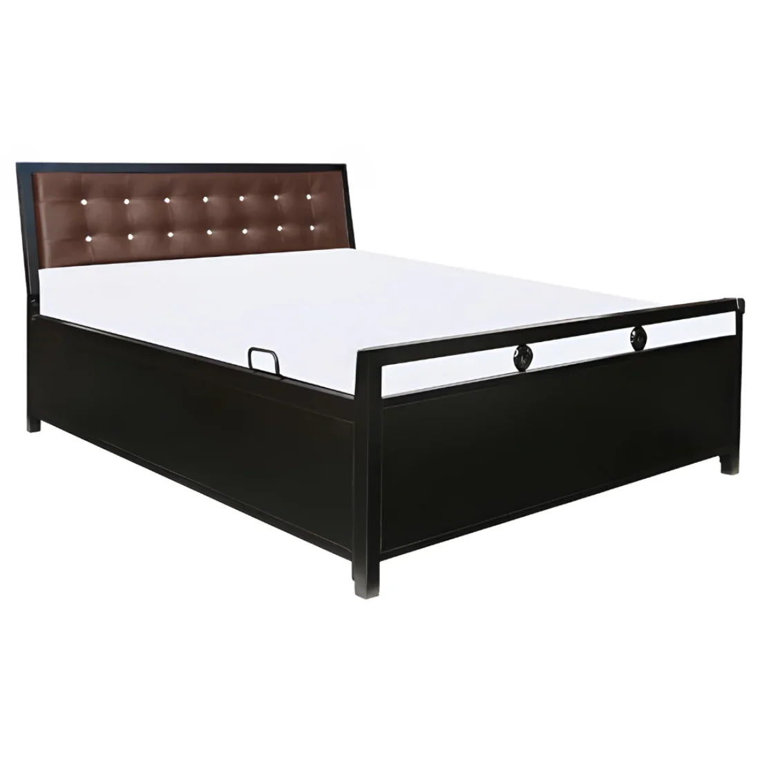 Heath Hydraulic Storage Metal Bed with Brown Cushion Headrest (Color - Black)