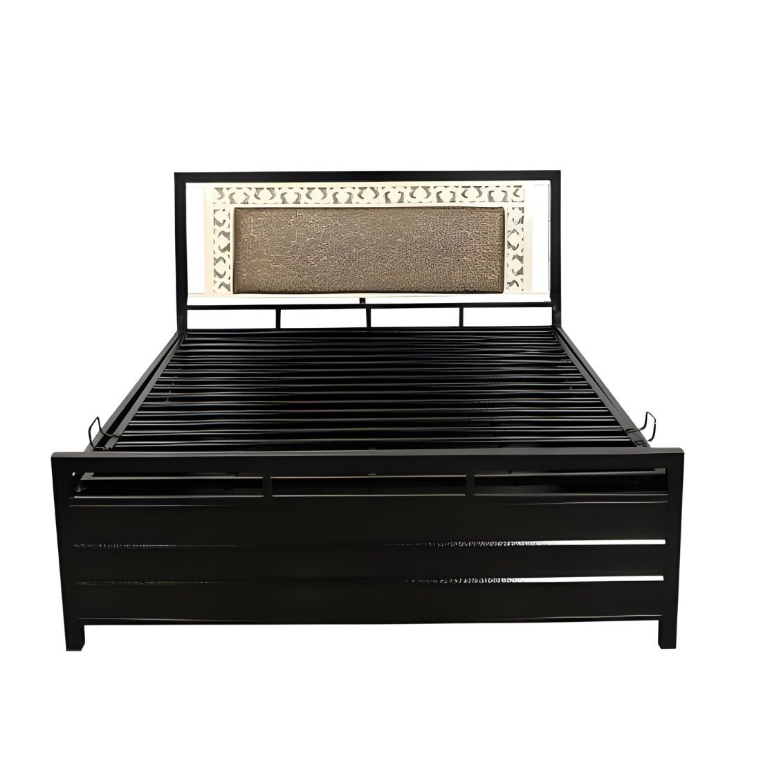 Kane Hydraulic Storage Metal Bed with Brown Cushion Headrest (Color - Black)