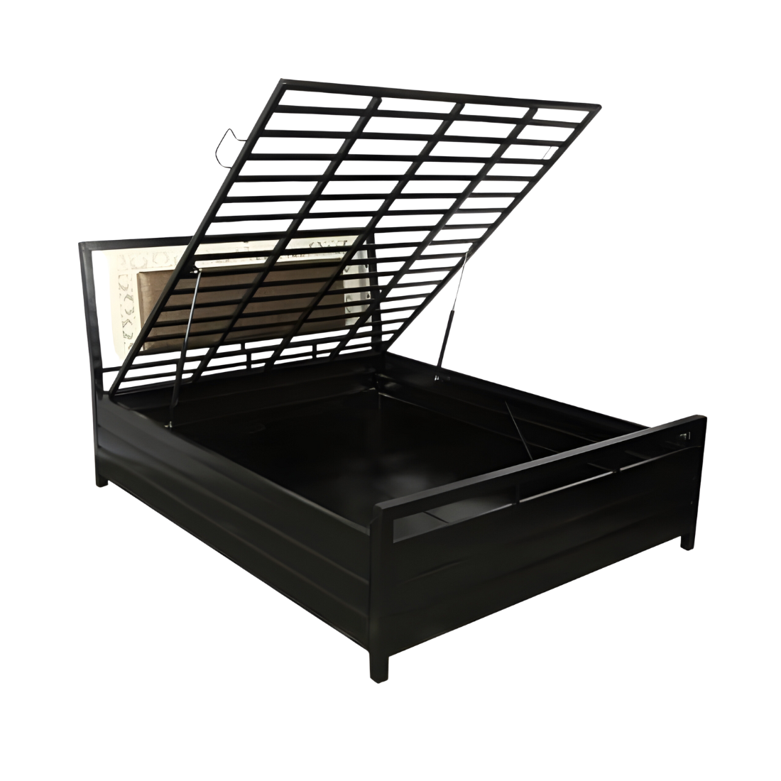 Kane Hydraulic Storage Metal Bed with Brown Cushion Headrest (Color - Black)