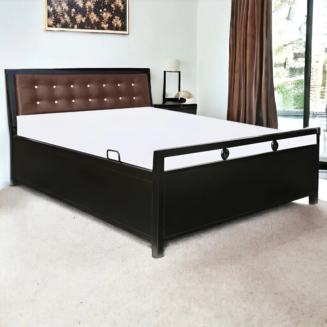 Heath Hydraulic Storage Metal Bed with Brown Cushion Headrest (Color - Black)