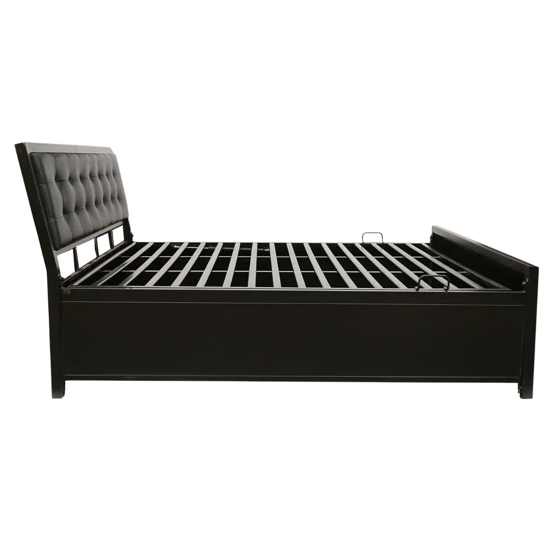 Henry Hydraulic Storage Metal Bed with Black Cushion Headrest (Color - Black)