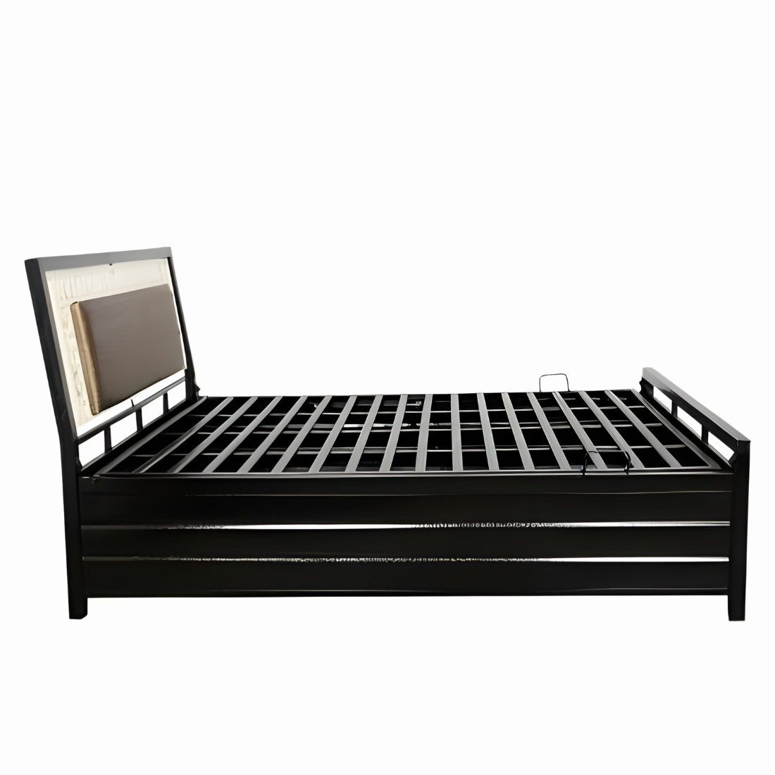 Kane Hydraulic Storage Metal Bed with Brown Cushion Headrest (Color - Black)