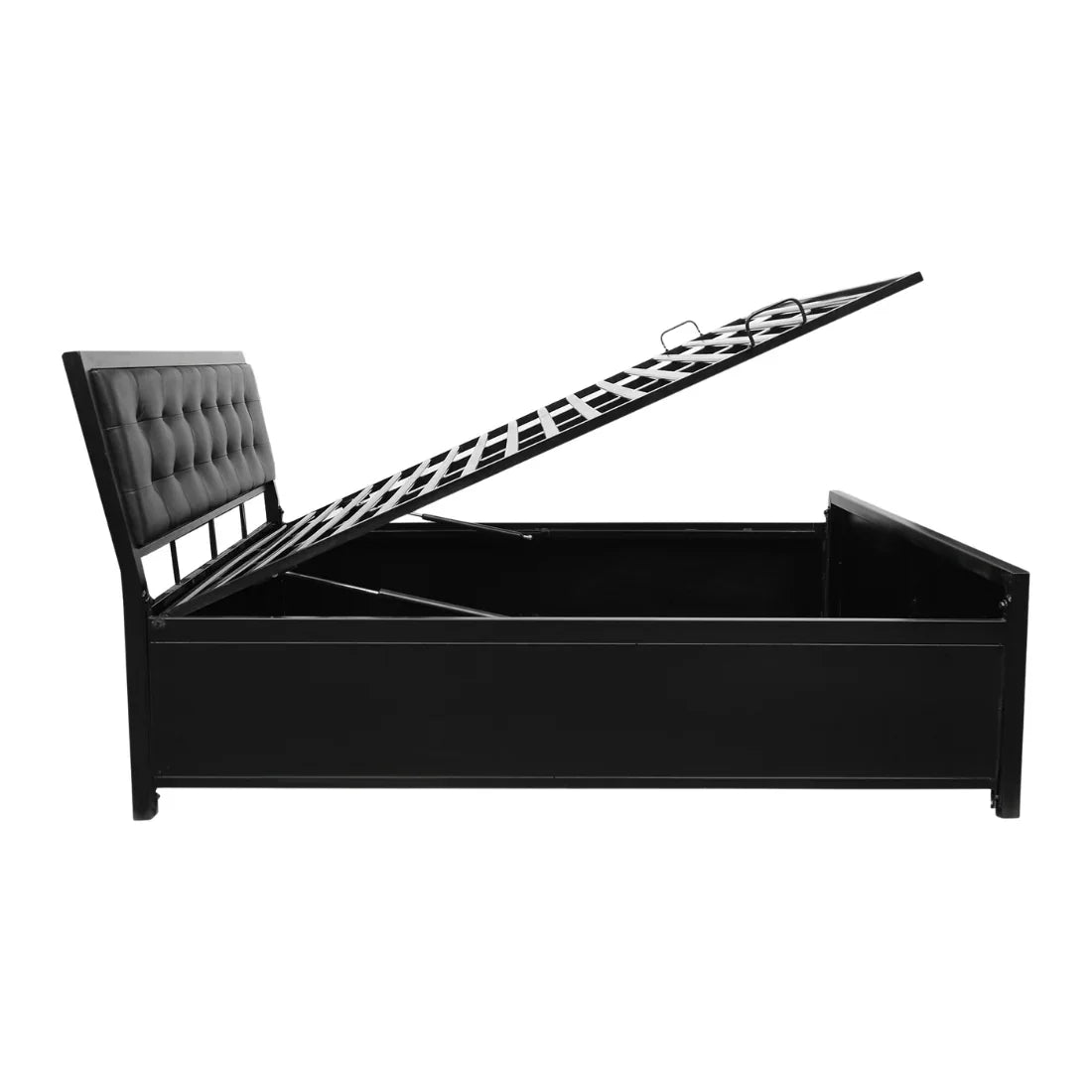 Henry Hydraulic Storage Metal Bed with Black Cushion Headrest (Color - Black)