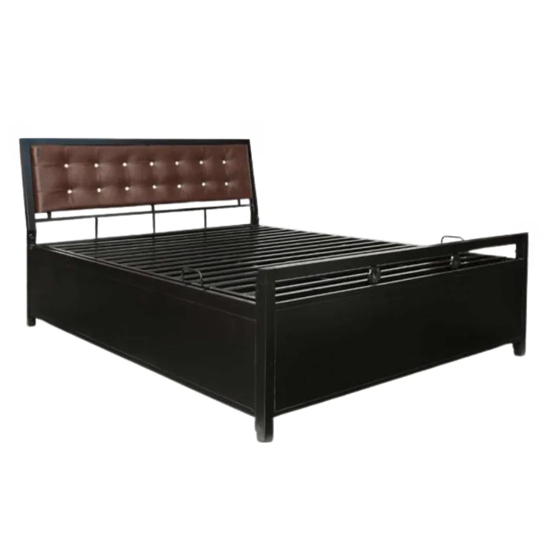 Heath Hydraulic Storage Metal Bed with Brown Cushion Headrest (Color - Black)