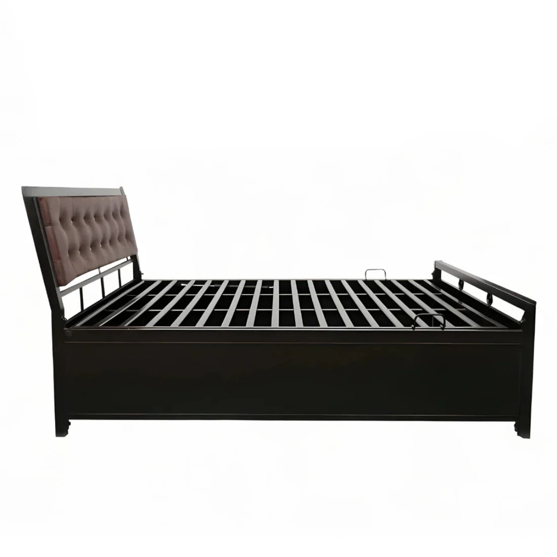 Heath Hydraulic Storage Metal Bed with Brown Cushion Headrest (Color - Black)
