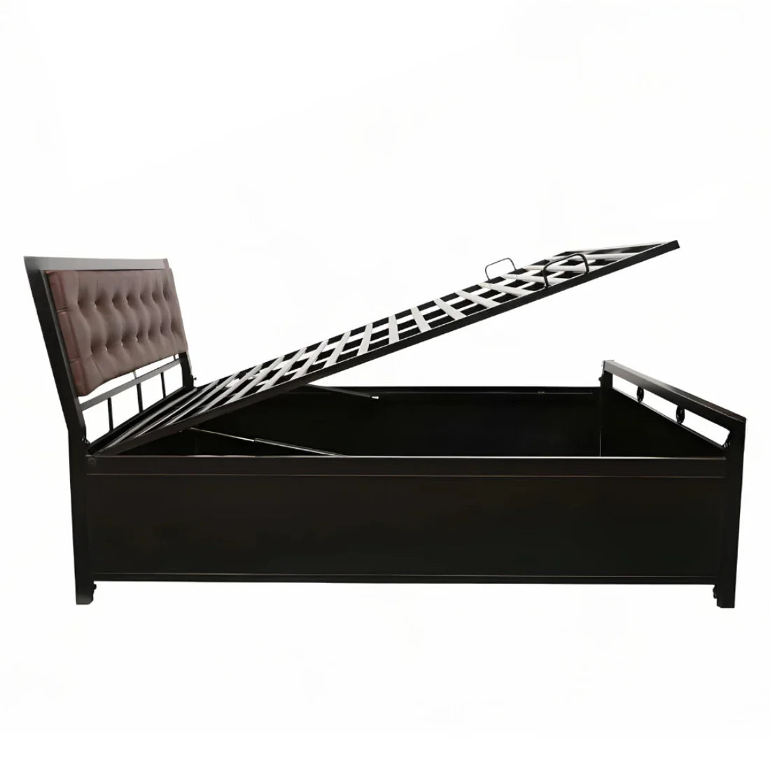 Heath Hydraulic Storage Metal Bed with Brown Cushion Headrest (Color - Black)