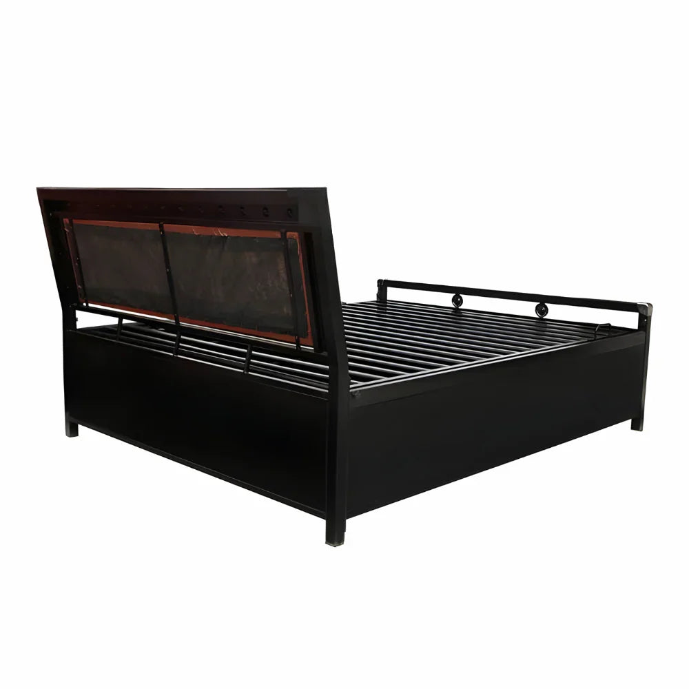 Heath Hydraulic Storage Metal Bed with Brown Cushion Headrest (Color - Black)