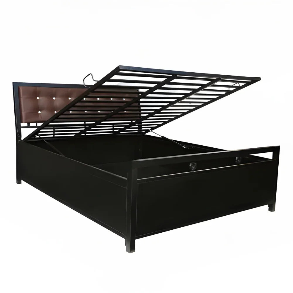 Heath Hydraulic Storage Metal Bed with Brown Cushion Headrest (Color - Black)