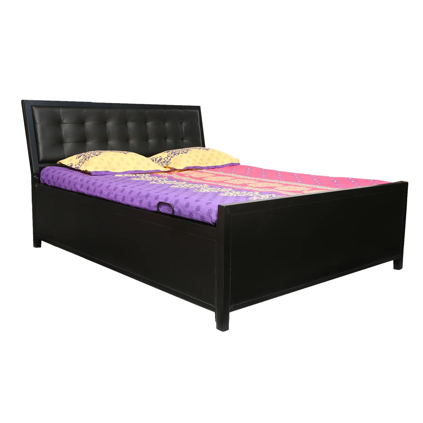 Henry Hydraulic Storage Metal Bed with Black Cushion Headrest (Color - Black)