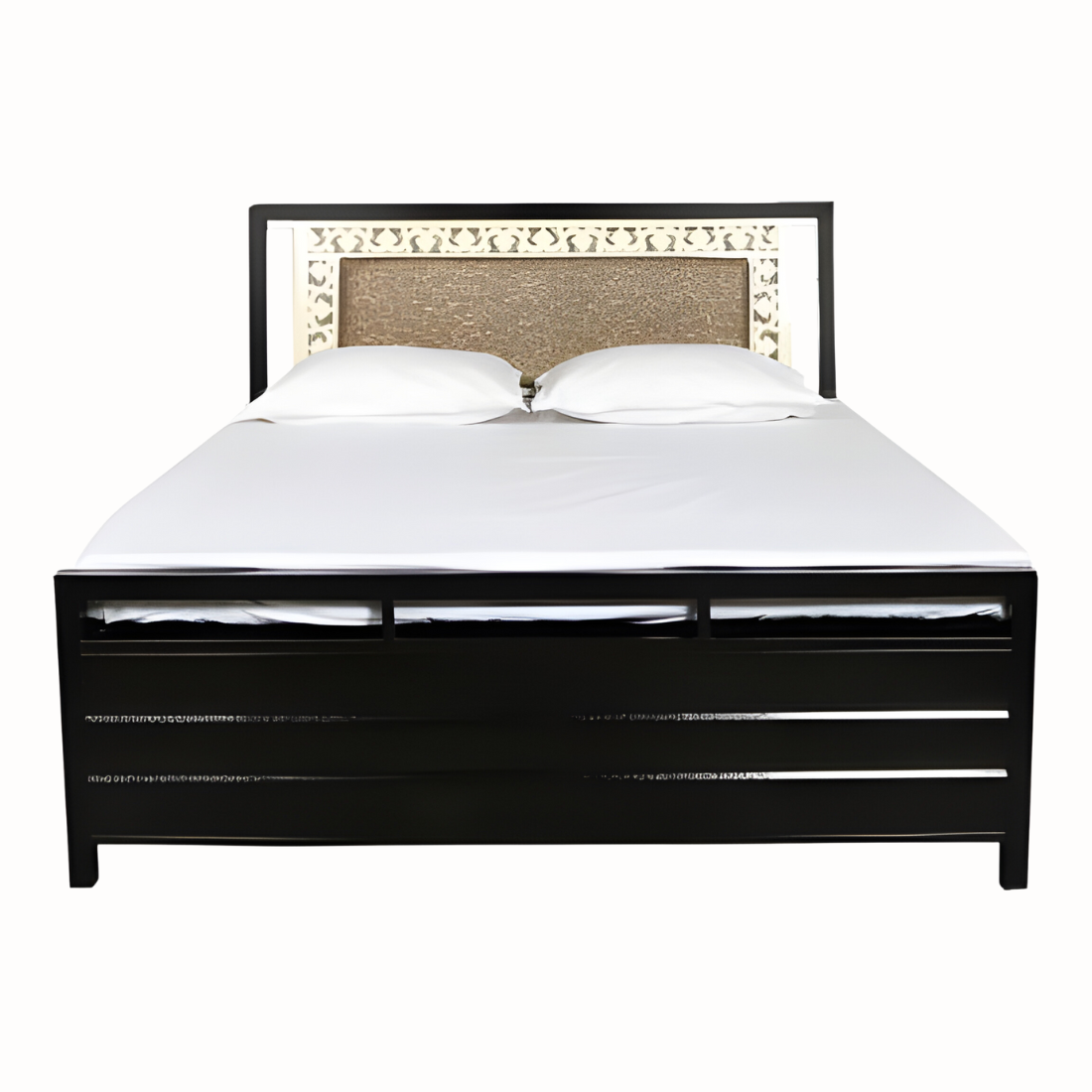 Kane Hydraulic Storage Metal Bed with Brown Cushion Headrest (Color - Black)