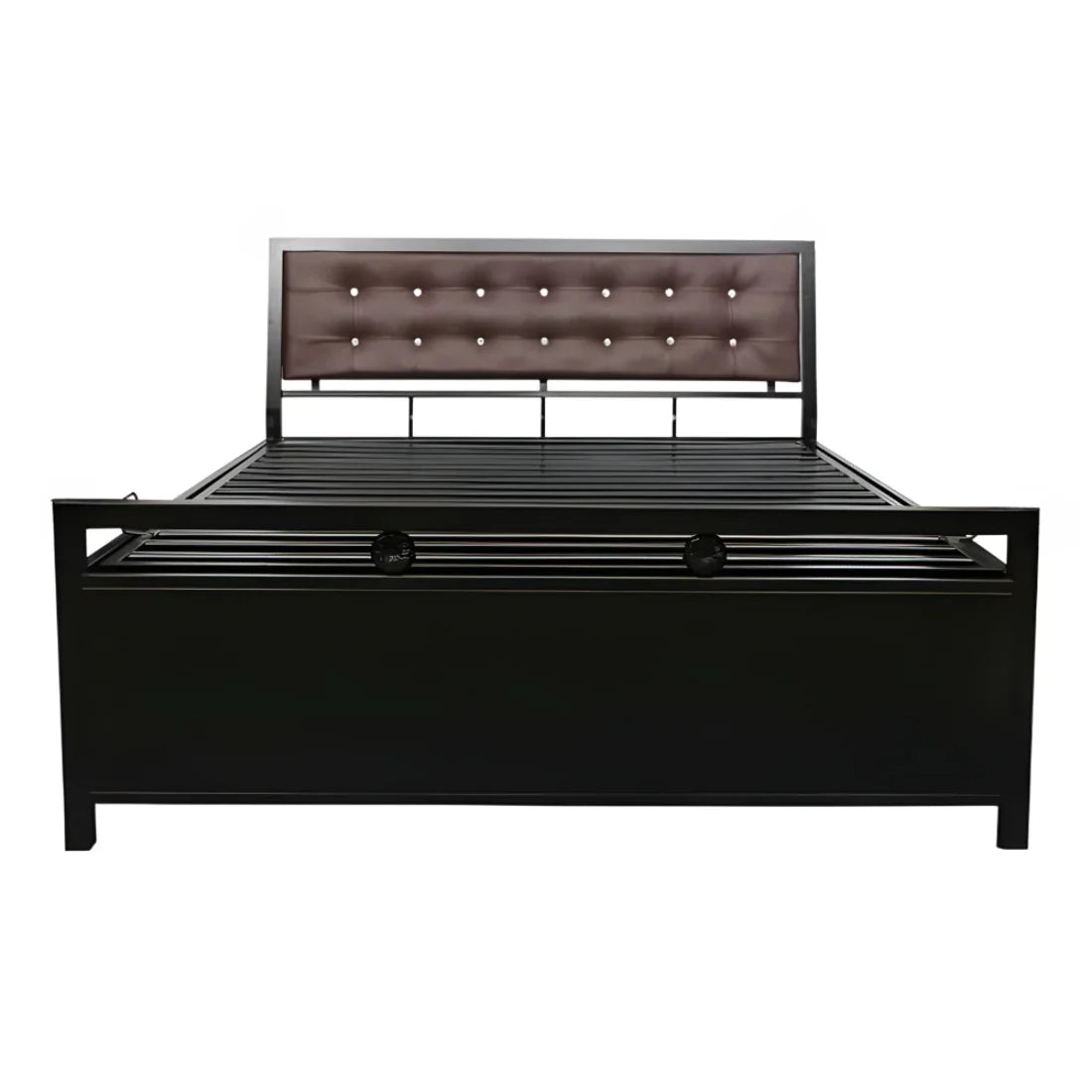Heath Hydraulic Storage Metal Bed with Brown Cushion Headrest (Color - Black)