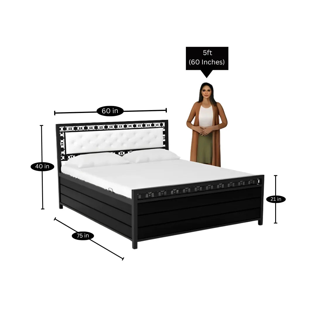 Cuba Hydraulic Storage Metal Bed with White Cushion Headrest (Color - Black)