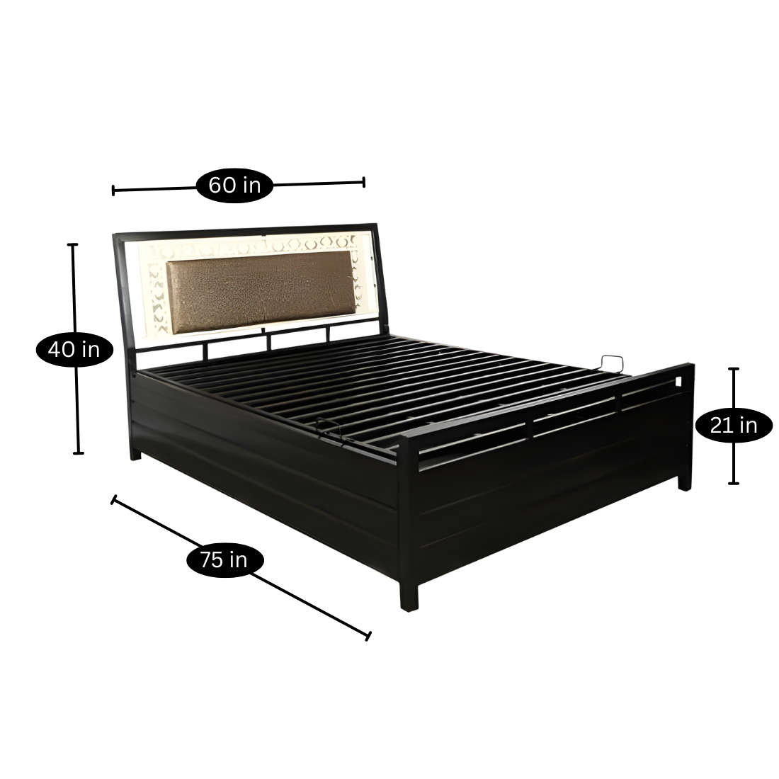 Kane Hydraulic Storage Metal Bed with Brown Cushion Headrest (Color - Black)