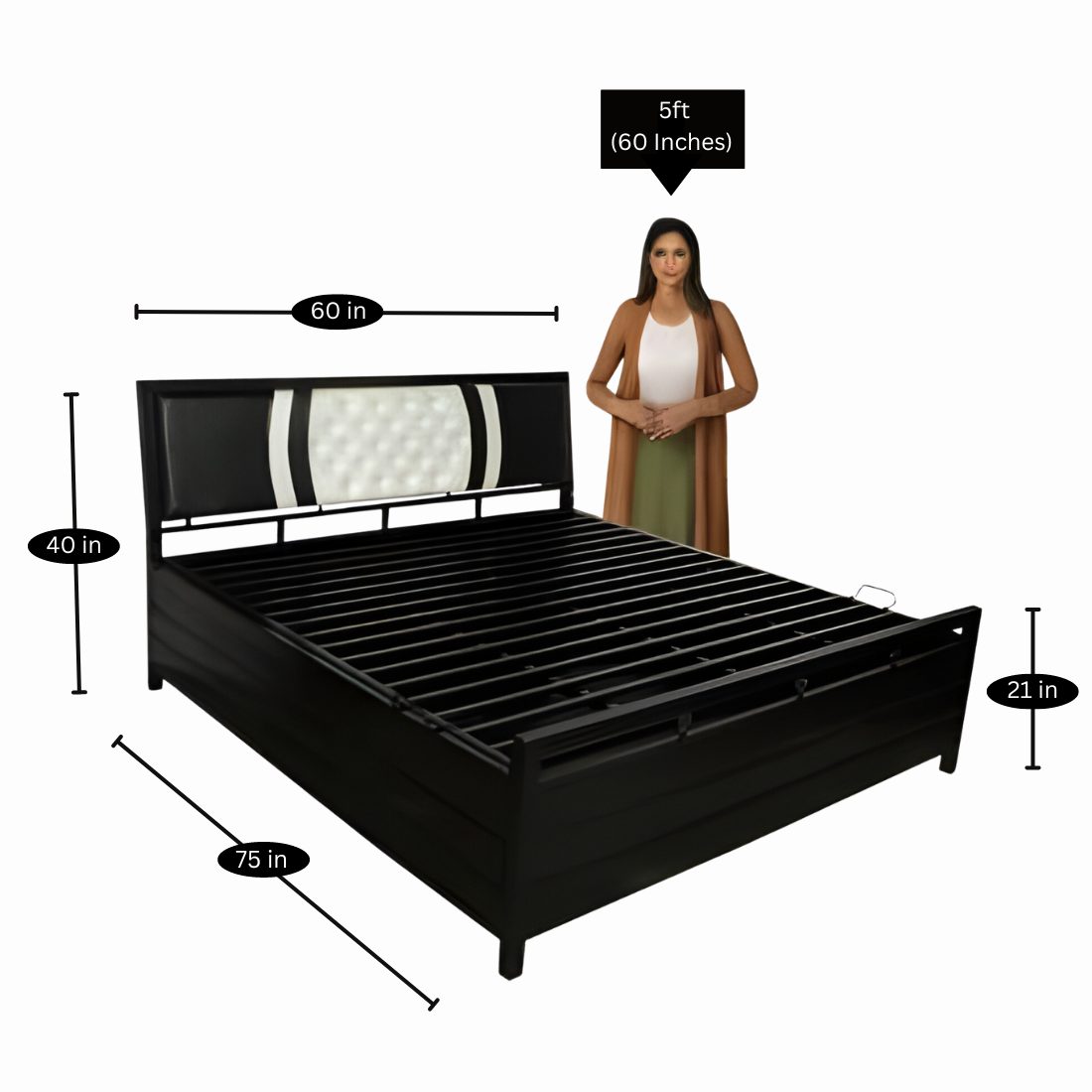 Heath Hydraulic Storage Metal Bed with Multi Cushion Headrest (Color - Black)