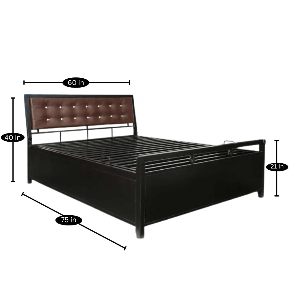 Heath Hydraulic Storage Metal Bed with Brown Cushion Headrest (Color - Black)
