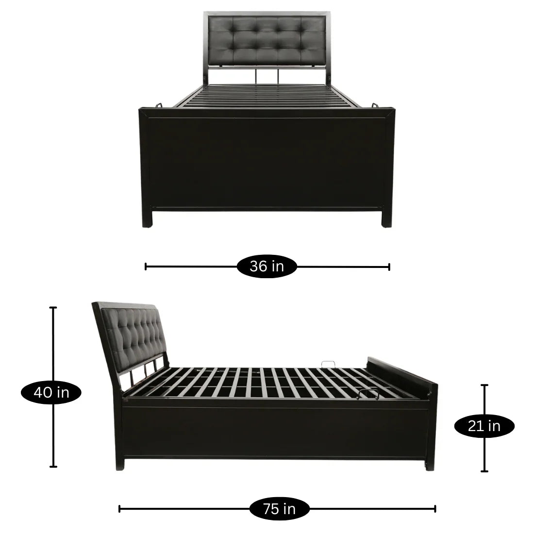 Henry Hydraulic Storage Metal Bed with Black Cushion Headrest (Color - Black)