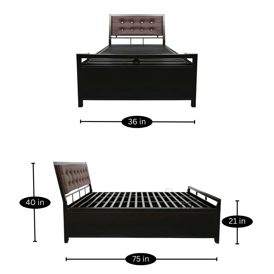 Heath Hydraulic Storage Metal Bed with Brown Cushion Headrest (Color - Black)