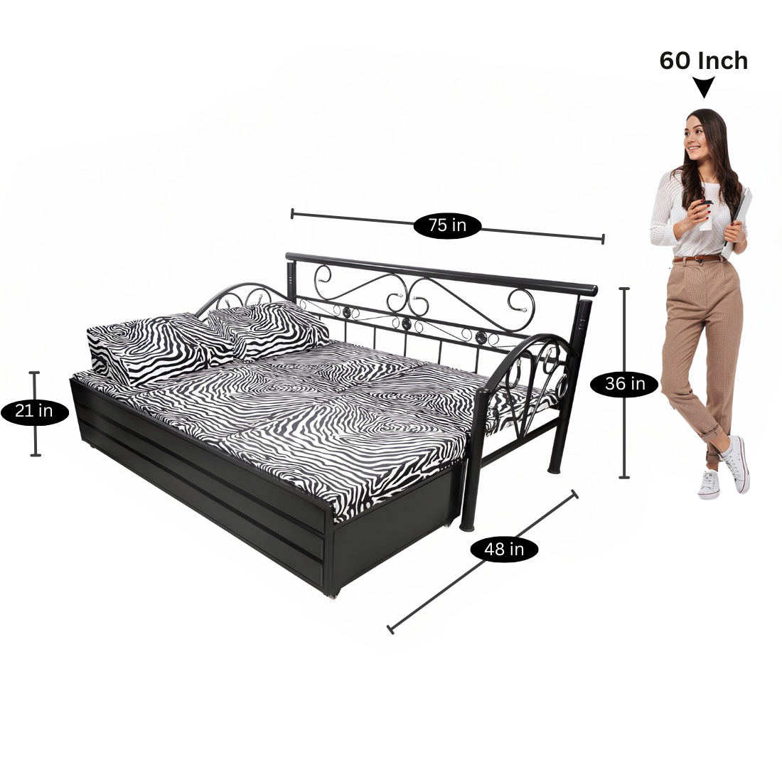 Black Tokyo Hydraulic Storage Metal Sofa Bed with Mattress & Pillow (Color - Multi)