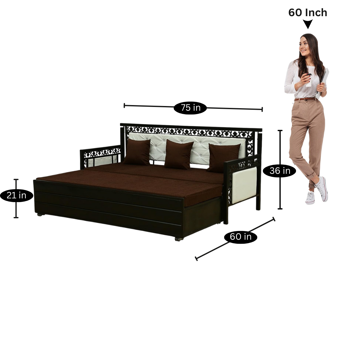 Black Romania Hydraulic Storage Metal Sofa Bed with Mattress & Pillow (Color - Brown)