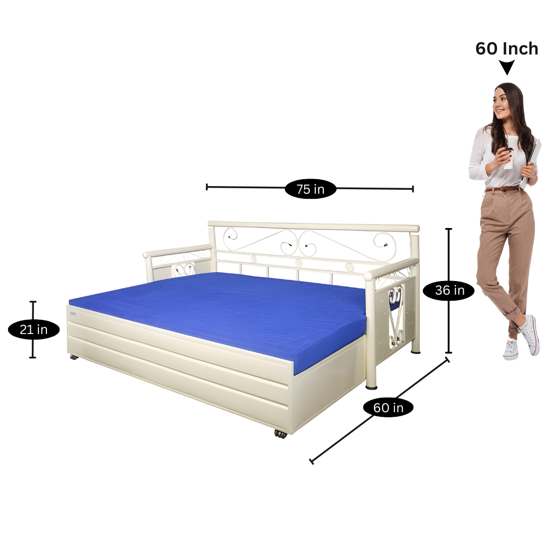 White Crosslily Hydraulic Storage Metal Sofa Bed with Mattress & Pillow (Color - Blue)