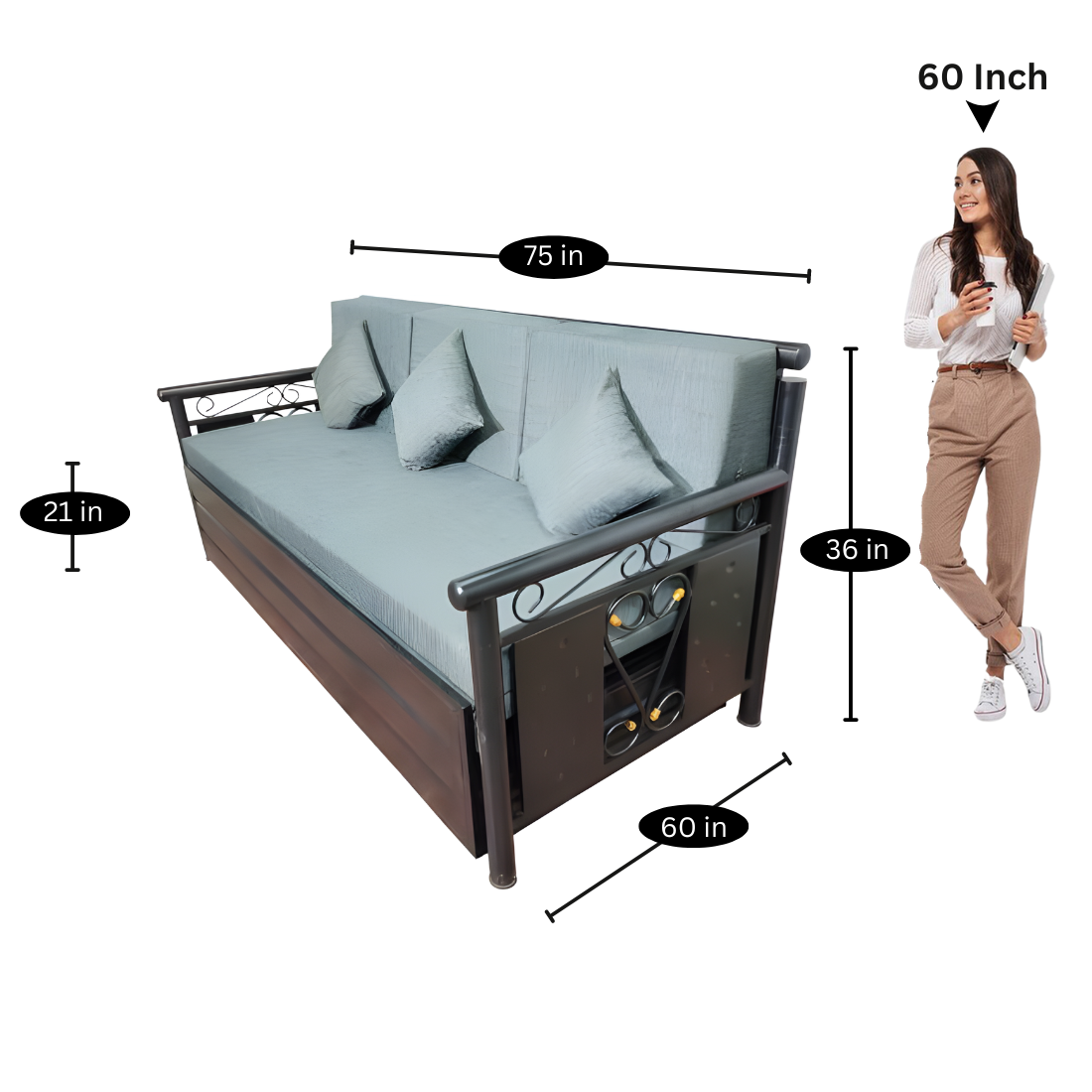 Black Crossandra Hydraulic Storage Sofa Cum Bed with Mattress & Pillow (Color - Grey)