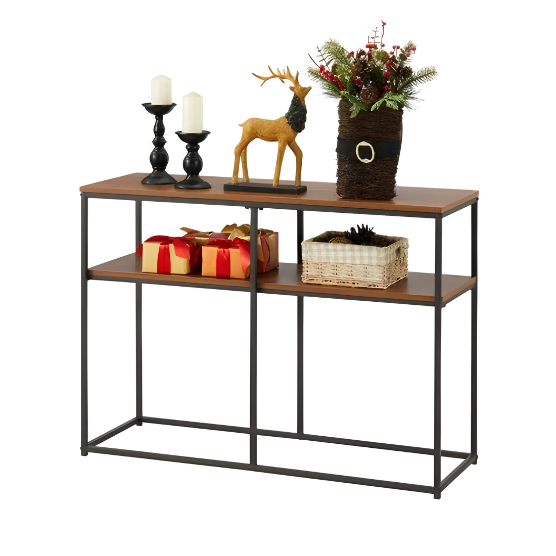 Metal Side Table in Black Finish and Powder Coating with Brown Wooden Top