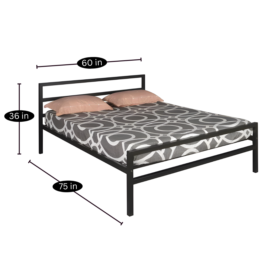 Cole Without Storage Metal Bed with Designer Headrest (Color - Black)