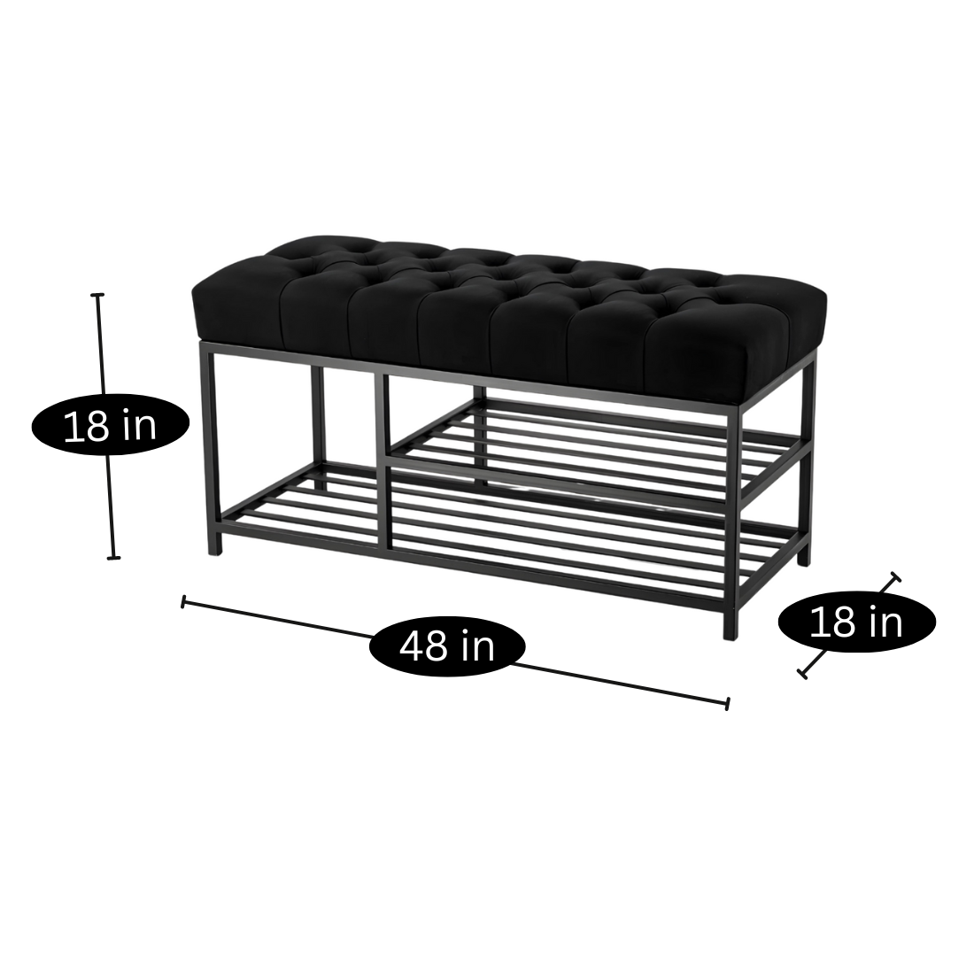 Fiona Designer Black Ottoman Metal Bench with Black Cushion