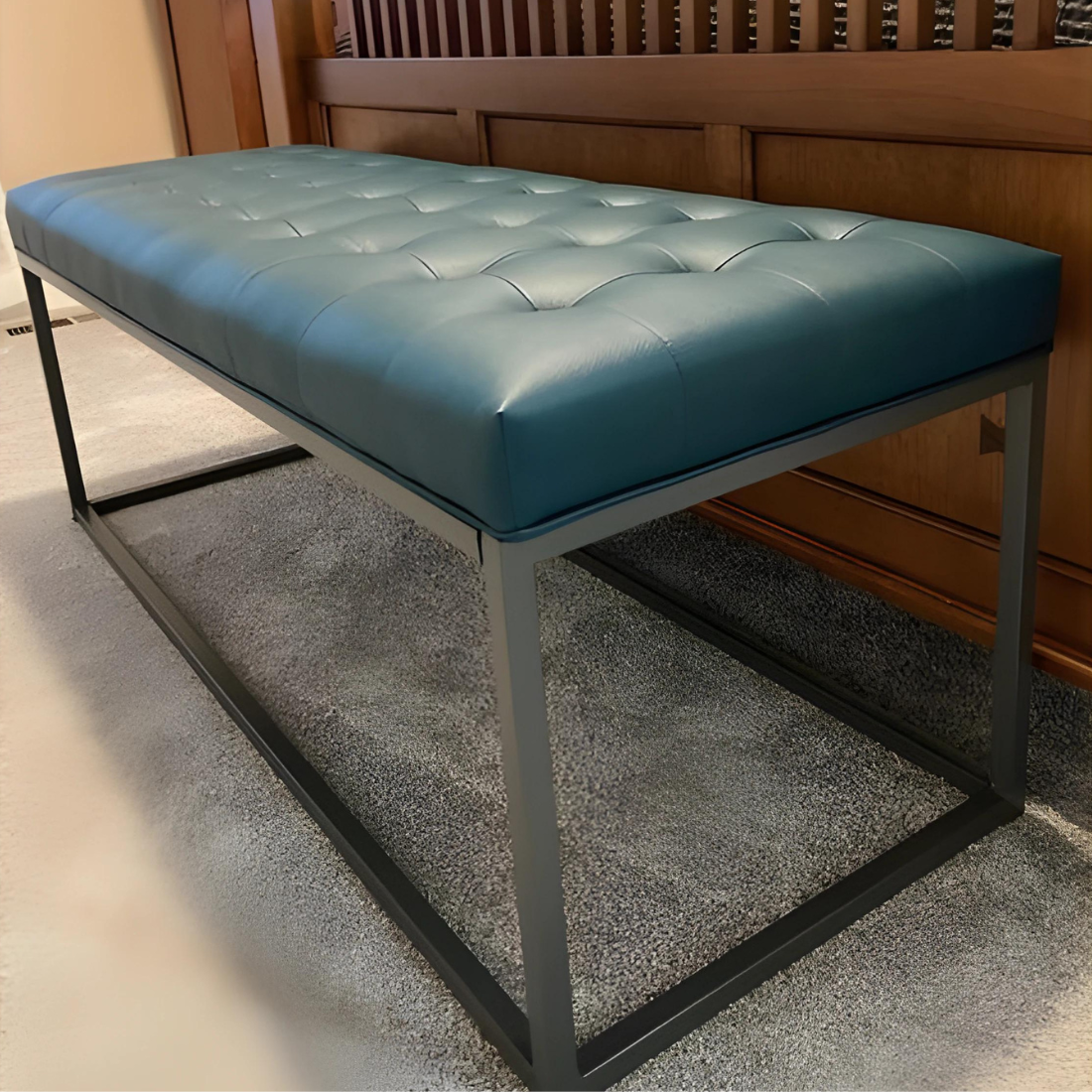 Hazel Black Ottoman Metal Bench with Green Cushion