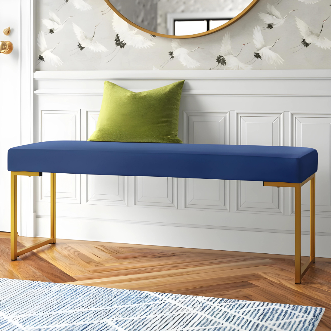 Ida Gold Ottoman Metal Bench with Blue Cushion