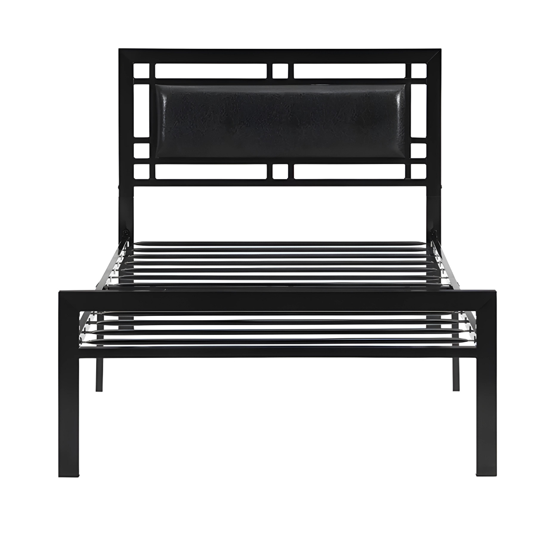 Ari Without Storage Metal Bed with Black Designer Cushion Headrest (Color - Black)