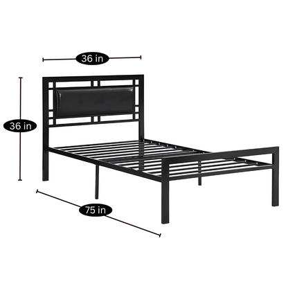 Ari Without Storage Metal Bed with Black Designer Cushion Headrest (Color - Black)