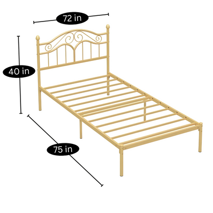 Miles Without Storage Metal Bed with Designer Headrest (Color - Golden)