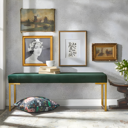 Ida Gold Ottoman Metal Bench with Green Cushion