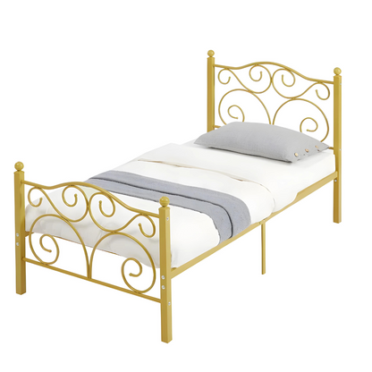 Deltoid Without Storage Metal Bed with Designer Headrest (Color - Golden)