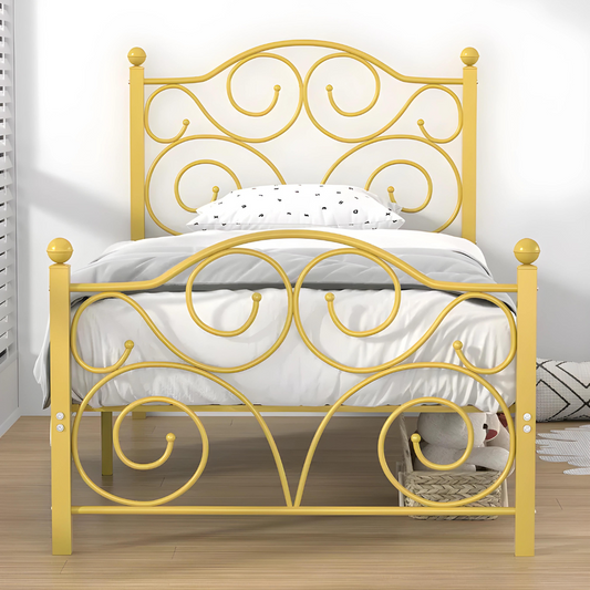 Deltoid Without Storage Metal Bed with Designer Headrest (Color - Golden)