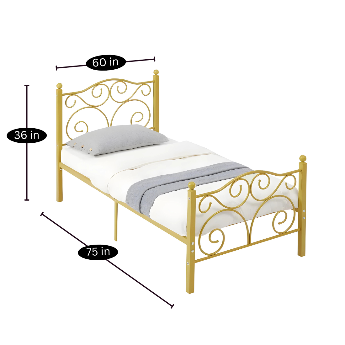 Deltoid Without Storage Metal Bed with Designer Headrest (Color - Golden)