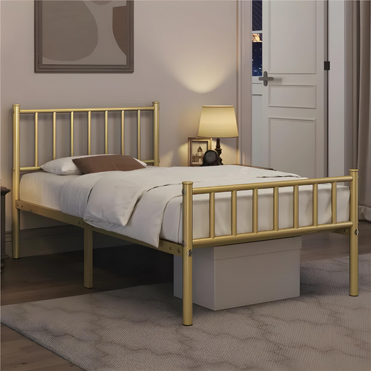 Lane Without Storage Metal Bed with Designer Headrest (Color - Golden)