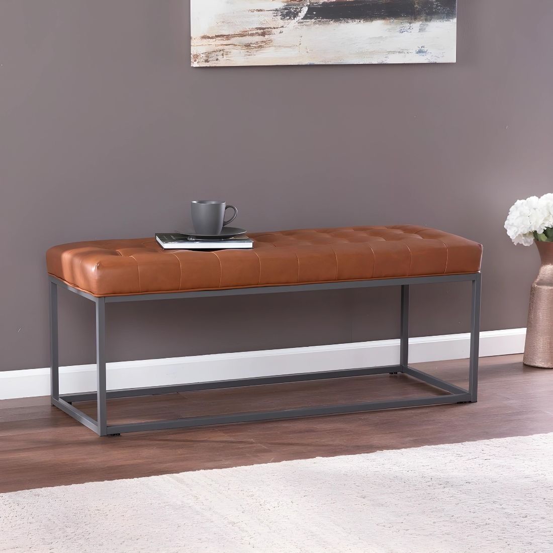 Hazel Black Ottoman Metal Bench with Brown Cushion