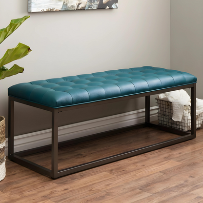 Hazel Black Ottoman Metal Bench with Blue Cushion