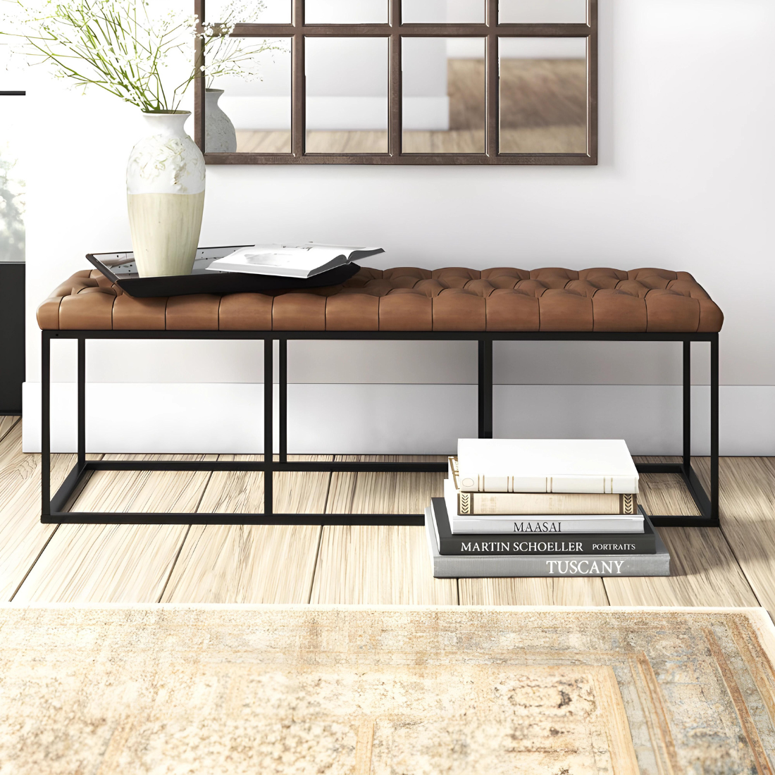 Lexi Black Ottoman Metal Bench with Brown Cushion