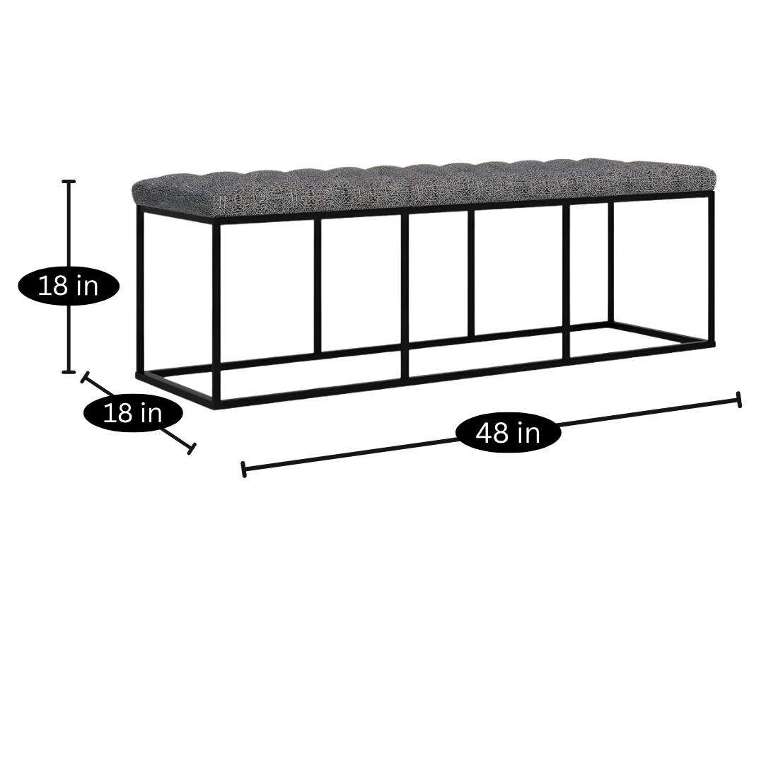 Lexi Black Ottoman Metal Bench with Grey Cushion