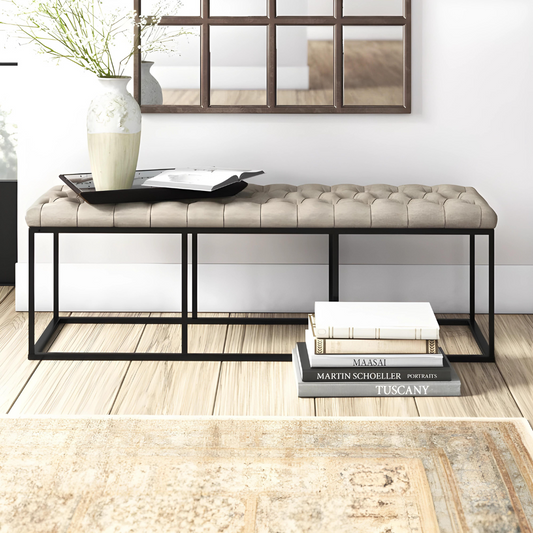 Lexi Black Ottoman Metal Bench with Grey Cushion