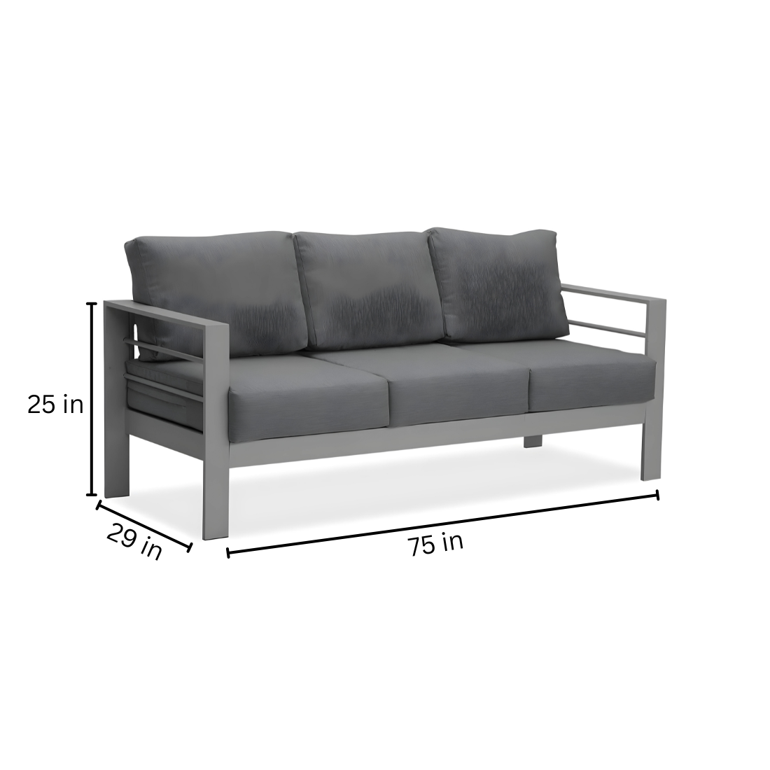 Black Paco Three Seater Metal Sofa with Grey Cushion