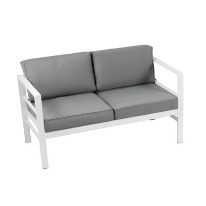 White Kaia Sofa Set with Grey Cushion - 6 Seater Sofa Set with Table and 2 Ottoman Stool